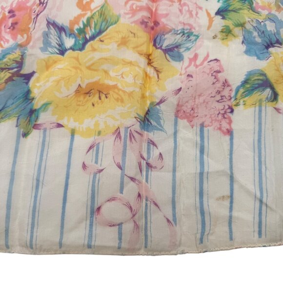 Vtg 80s Floral Rayon Scarf 36x36 Current Inc Pink Yellow Roses Blue Stripe India - Picture 4 of 7